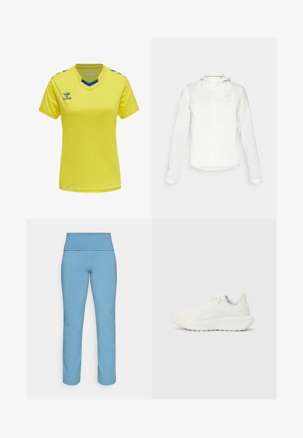 Chaqueta blanca de Nike con capucha, cremallera completa, puños elásticos y un logo sutil en el pecho. Textura suave y diseño ligero.; Camiseta deportiva amarilla hecha de tejido ligero. Presenta un cuello en V, acentos azules en el cuello y los hombros, y un logo en azul.; Leggings de color azul claro con una cinturilla alta y suave, confeccionadas con un material elástico, que presentan un diseño recto y elegante sin patrones.; Zapatillas deportivas blancas con un upper texturizado, cuello acolchado y cierre de cordones. Presentan una suela curva y un sutil logotipo en el lateral.