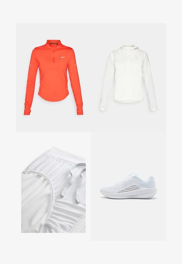 Witte Nike-jack met een capuchon, volledige rits, elastische manchetten en een subtiele logo op de borst. Gladde textuur en lichtgewicht ontwerp.; Sportieve long-sleeve top, oranje, met een half-rits kraag, gladde textuur, met een wit logo op de borst en de mouw.; Witte sportshorts met een gestructureerde tailleband, geplooide zijkanten en een platte trekkoord. Zachte stof met een gladde afwerking.; Witte sportieve schoen met een bovenwerk van mesh, ronde neus en een textuurzool. Beschikt over een zilveren Nike swoosh en een minimalistisch ontwerp.