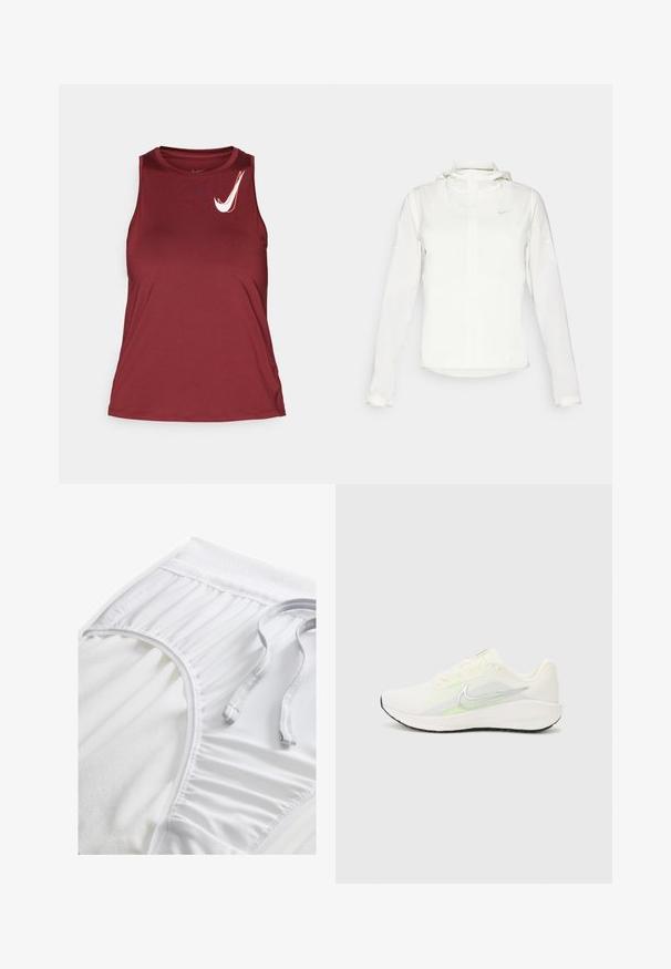Bela Nike jakna s kapuco, polno zadrgo, elastičnimi manšetami in diskretnim logotipom na prsih. Gladka tekstura in lahko oblikovanje.; Maroon brezročni atletski top iz gladkega materiala. Ima okroglo ovratnico in bel Nike logo v zgornjem levem kotu.; Bele atletske kratke hlače z teksturiranim pasom, nabranimi stranskimi detajli in ravnim vrvico. Mehka tkanina z gladko površino.; Nike Performance DOWNSHIFTER 13 - Tekaški copati za cesto - sail/silver-coloured photon dust/summit white/barely volt/black