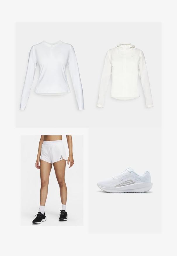 Chaqueta blanca de Nike con capucha, cremallera completa, puños elásticos y un logo sutil en el pecho. Textura suave y diseño ligero.; Top blanco de manga larga con cuello de medio cierre, hecho de tela suave. Presenta un dobladillo redondeado y un detalle de logo minimalista en el pecho.; Pantalones cortos deportivos blancos con cinturilla acanalada, aberturas laterales y un logo negro de Nike. Se llevan con zapatillas negras y calcetines blancos hasta la mitad de la pantorrilla.; Zapatilla deportiva blanca con parte superior de malla, punta redondeada y suela texturizada. Presenta un swoosh de Nike plateado y un diseño minimalista.