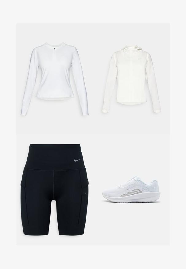 Veste blanche Nike avec capuche, fermeture éclair intégrale, poignets élastiques et un logo discret sur la poitrine. Texture lisse et design léger.; Haut de sport blanc à manches longues avec un col zippé quart, texture lisse et détail de logo subtil sur la poitrine.; Shorts de sport noirs taille haute en matériau extensible ; dotés de poches latérales et d'un petit logo Nike sur la ceinture.; Baskets blanches avec une tige en mesh, bout rond et semelle texturée. Présentent un swoosh Nike argenté et un design minimaliste.