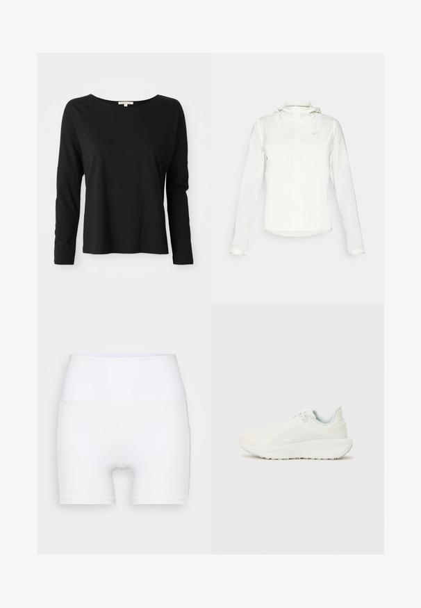 White Nike jacket with a hood, full zip, elastic cuffs, and a subtle logo on the chest. Smooth texture and lightweight design.; Black long-sleeve crewneck shirt with relaxed fit and dropped shoulders, displayed on a white background.; White high-waisted shorts made from stretch fabric. Features a smooth texture and fitted design, with no additional patterns or hardware.; White athletic shoes with a textured upper, padded collar, and lace closure. Features a curved outsole and subtle branding on the side.