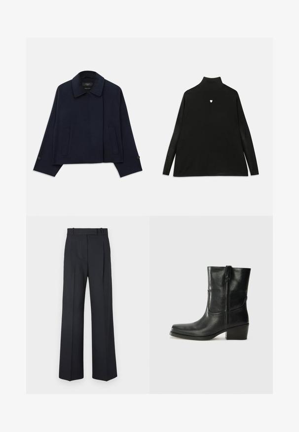 Tumši zila vilnas maisījuma jaka ar izgrieztu apkakli, divām priekšējām kabatām un pogājamām piedurknēm. Iespējota brīva, īsā silueta.; Melnā kūka ar garām piedurknēm, kurai uz krūts ir neliels balts sirds simbols. Mīksts audums un brīva piegriezuma.; Tumši zili svītraini bikses ar augstu jostu, platu kāju dizainu un bez redzamiem aksesuāriem vai rotājumiem. Gluda tekstūra un pielāgota forma.; Melna ādas potīte ar noapaļotu purngalu, bloku papēdi, sānu rāvējslēdzēju un šuvju akcentiem uz virsmas. Gluda tekstūra, klasiskā dizaina.