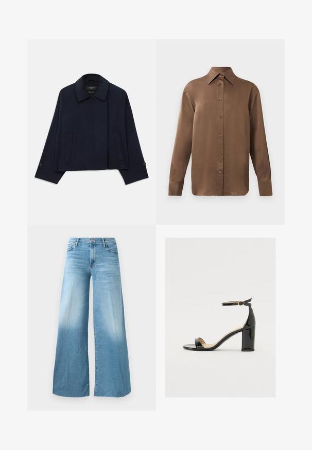 Tamsiai mėlynas vilnos mišinio švarkas su iškirptu apykakle, dviem priekinėmis kišenėmis ir sagomis prisiūtomis rankovėmis. Yra atsipalaidavusi, trumpa silueto forma.; Ruda ilgų rankovių marškiniai su sagomis ir smailiais apykakle bei rankogaliais, išdėstyti prieš paprastą baltą foną.; Šviesiai mėlynos džinsinės plačios kojų kelnės su aukštu liemeniu, priekyje mygtukas ir penkių kišenių stilius.; Juodas lakinės odos sandalai su plačiu kulnu, atvira koja ir kulkšnies juostele, turinčia auksinę sagtį. Lygi tekstūra ir elegantiškas dizainas.