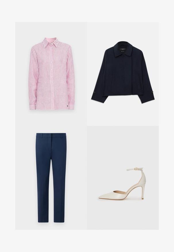 Tumši zila vilnas maisījuma jaka ar izgrieztu apkakli, divām priekšējām kabatām un pogājamām piedurknēm. Iespējota brīva, īsā silueta.; Rozā un baltā svītrainā linu krekls ar garām piedurknēm, klasisku apkakli, pogu priekšpusi un piedurknes ar svītrainām akcentiem.; Jūras zilās bikses, kas izgatavotas no auduma ar austiem pavedieniem, ar plakanu priekšpusi, jostas cilpām un pielāgotu piegriezumu. Nav redzamu rakstu vai akcentu.; Baltas ādas augstpapēžu kurpes ar smailu purngala daļu, potītes siksniņu un šauru stiletto papēdi. Gluda tekstūra ar smalku spīdumu.