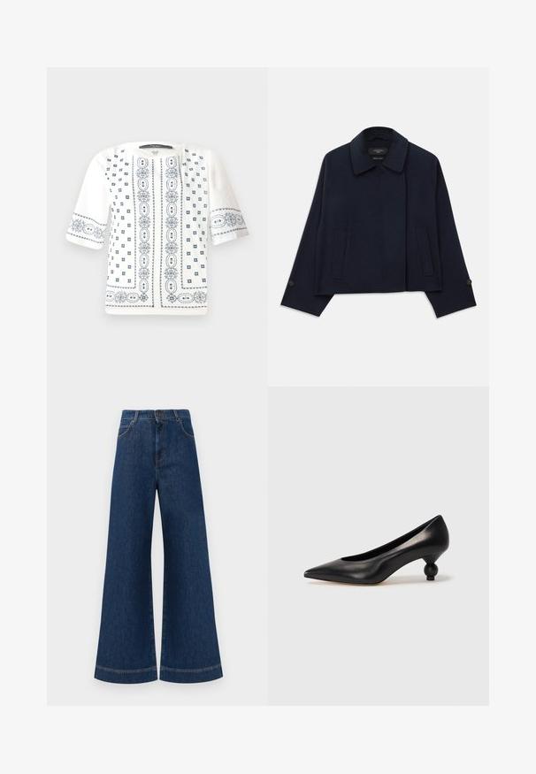 Giacca in misto lana blu navy con colletto a soffietto, due tasche anteriori e maniche con bottone. Presenta una silhouette rilassata e cropped.; Camicia corta bianca a maniche corte con ricami floreali blu, scollatura rotonda e motivi intricati lungo la parte anteriore e le maniche.; Jeans in denim blu a gamba larga con vita alta, dotati di chiusura a bottone, passanti per cintura e dettagli di cucitura sottili lungo le tasche e i orli.; Scarpa con tacco alto in pelle nera, con punta affilata e tacco arrotondato e bombato. Texture liscia con un design elegante e minimalista.