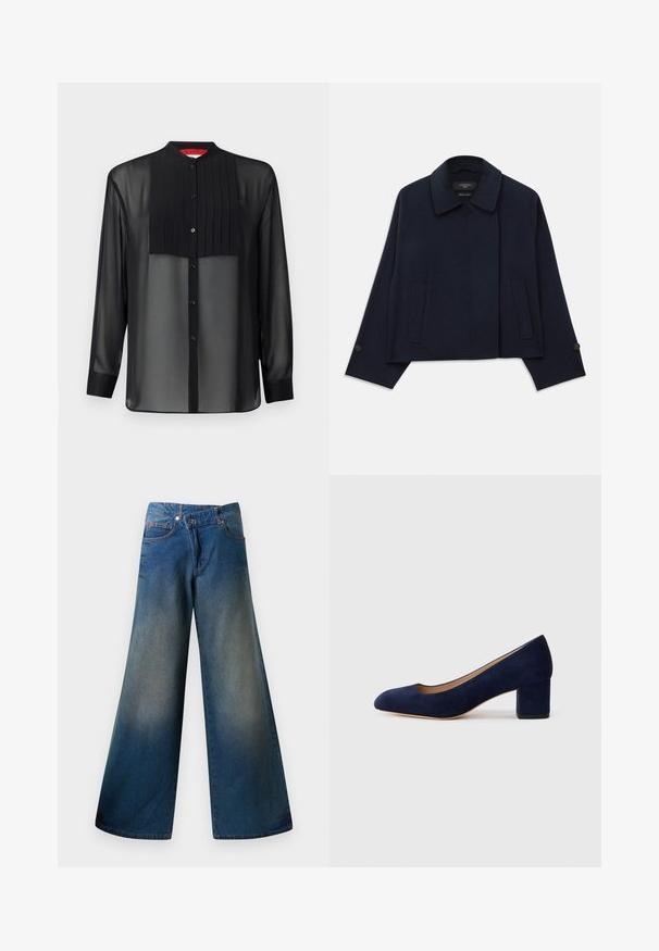 Jachetă dintr-un amestec de lână, de culoare bleumarin, cu guler tăiat, două buzunare frontale și mâneci cu nasturi. Prezintă o siluetă relaxată și scurtă.; Cămașă neagră cu mâneci lungi, fabricată dintr-un material transparent, cu un panou frontal plisat. Prezintă un guler chinezesc și închidere cu nasturi pe toată lungimea frontală.; Jeans largi de culoare albastră din denim, cu un finisaj ușor decolorat, cusături vizibile, două buzunare frontale și închidere cu nasture.; Pantof cu toc din suede bleumarin, cu vârful ascuțit și un toc de înălțime medie în formă de bloc. Textură netedă cu o strălucire subtilă și o mică decupare în față.