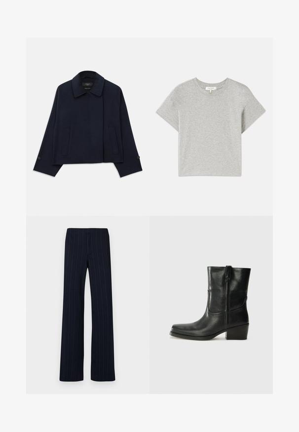Navy blue wool blend jacket with a notched collar, two front pockets, and buttoned sleeves. Features a relaxed, cropped silhouette.; Gray short-sleeve t-shirt made of soft cotton. Crew neckline with a relaxed fit and no visible patterns or accents. Tag on the inside.; Navy blue pinstriped trousers with a straight-leg design, made from fine fabric, featuring a smooth texture and no visible fastenings.; Black leather ankle boot with a rounded toe, block heel, side zipper, and stitching accents on the vamp. Smooth texture, classic design.