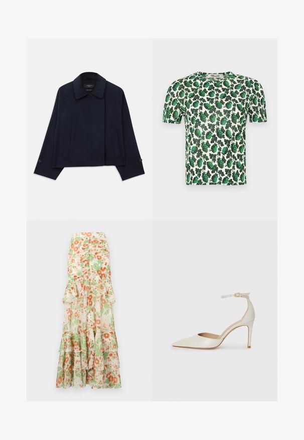 Sako z vlněné směsi v námořnické modré barvě s klopovým límcem, dvěma předními kapsami a knoflíkovými manžetami. Má uvolněný, zkrácený střih.; Zelený květinový top s krátkým rukávem, zdobený velkými listovými vzory na bílém pozadí, vyrobený z lehkého, elastického materiálu.; Květinová maxi sukně s krémovým pozadím, potiskem oranžových a zelených květů, volánkovými vrstvami a přiléhavým pasem.; Bílé kožené lodičky na vysokém podpatku s špičatou špičkou, kotníkovým páskem a štíhlým jehlovým podpatkem. Hladká textura s mírným lesklým povrchem.
