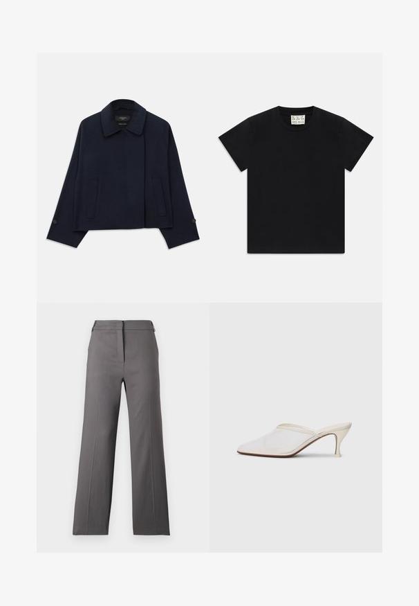 Navy blue wool blend jacket with a notched collar, two front pockets, and buttoned sleeves. Features a relaxed, cropped silhouette.; Black short-sleeve crew neck t-shirt with a white tag inside the collar labeled "D.R.C. EST. 2002" on a white background.; Gray wide-leg trousers with a smooth texture, featuring a flat front, zipper closure, and minimal detailing. Tailored for a relaxed fit.; White mesh pointed-toe mule with a slim mid-height heel and slip-on design against a plain background.