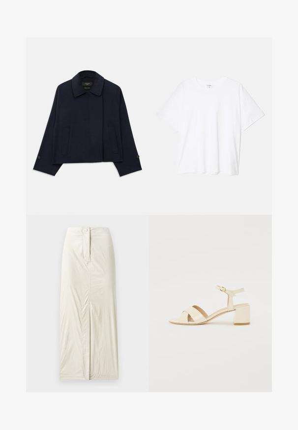 Navy blue wool blend jacket with a notched collar, two front pockets, and buttoned sleeves. Features a relaxed, cropped silhouette.; White cotton t-shirt with short sleeves, round neckline, relaxed fit, and stitched hem. Label visible on the inside neck.; Light beige, knee-length skirt made of smooth, textured fabric. Features a front slit and a button closure at the waist.; Beige patent leather heeled sandals with cross strap design, open toe, adjustable ankle strap, and a block heel. Smooth texture.