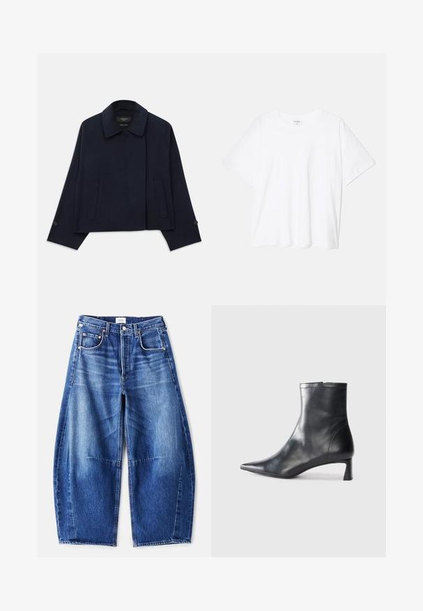 Tumši zila vilnas maisījuma jaka ar izgrieztu apkakli, divām priekšējām kabatām un pogājamām piedurknēm. Iespējota brīva, īsā silueta.; Balta kokvilnas T-krekls ar īsām piedurknēm, apaļu dekoltē, brīva piegriezuma un šūtu apakšmalu. Etiķete redzama iekšējā kakla daļā.; Plašas kāju zilas džinsa bikses ar izbalējušu apdari, kurās ir piecas kabatas, vara kniedes un rāvējslēdzēja aizdare. Audums ir teksturēts un izturīgs.; Melnas ādas potītes zābaki ar norādītu pirkstu un elegantu dizainu. Iezīmē zemu papēdi un rāvējslēdzēja aizdari aizmugurē. Gluda tekstūra.