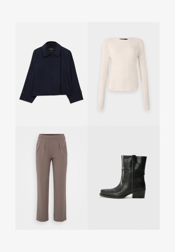 Tengerészkék gyapjú keverék dzseki, kivágott gallérral, két elülső zsebbel és gombos ujjal. Lazább, rövidített sziluettel rendelkezik.; Hosszú ujjú, világos bézs blúz kerek nyakkivágással. Puha anyagból készült, középső varrással és enyhén ívelt szegéllyel rendelkezik. Nincs rajta látható fémrész.; Taupe színű, lazán szabott nadrág, gumis derékkal és elülső pliszírozással, sima anyagból készült.; Fekete bőr bokacsizma lekerekített orral, blokk sarkúval, oldalsó cipzárral és varrásos díszítéssel az elején. Simább textúra, klasszikus dizájn.