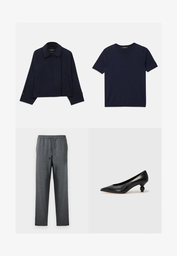 Granatowa kurtka z wełny z klapami, z dwiema przednimi kieszeniami i zapinanymi rękawami. Charakteryzuje się luźnym, skróconym krojem.; Granatowa koszulka z krótkim rękawem, wykonana z miękkiego materiału, z okrągłym dekoltem i prążkowanymi krawędziami, gładka tekstura, bez widocznych wzorów.; Ciemnoszare spodnie z teksturowanej tkaniny, z elastycznym paskiem w talii i regulowanym sznurkiem. Prosta nogawka bez kieszeni.; Czarna skórzana szpilka z ostrym czubkiem i okrągłym, kulistym obcasem. Gładka tekstura z eleganckim, minimalistycznym wzornictwem.