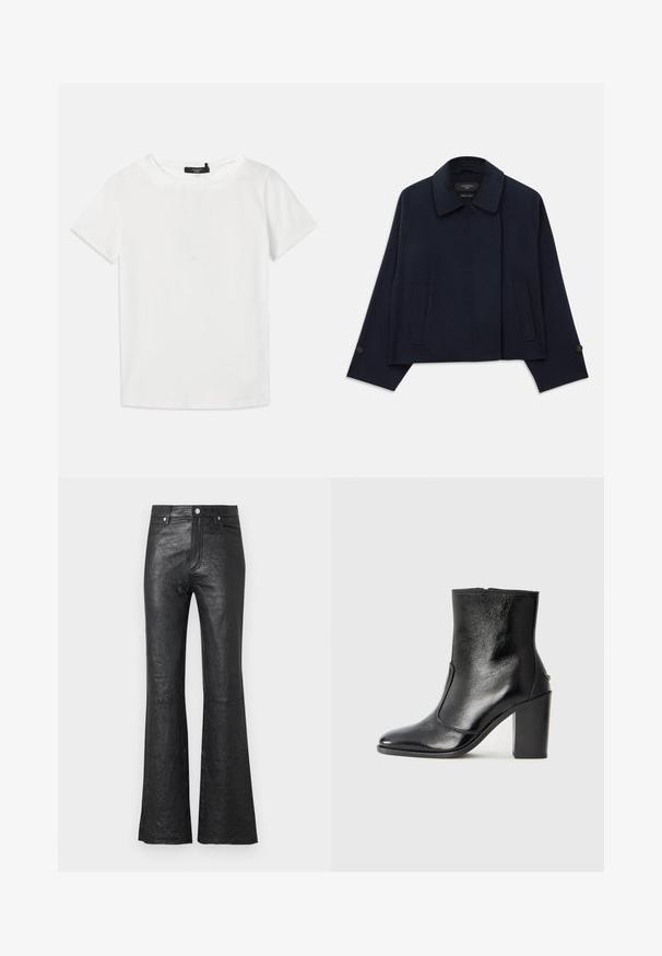 Námornícky modrý kabát z vlnenej zmesi s klopaným golierom, dvoma prednými vreckami a zapínaním na gombíky na rukávoch. Má uvoľnený, skrátený strih.; Biela krátkopyjavová tričko vyrobené z mäkkého bavlneného materiálu, s okrúhlym výstrihom a rovný lem, bez viditeľných vzorov alebo akcentov.; Čierne kožené rozšírené nohavice s krčenou textúrou, vysokým pásom, prednými vreckami a klasickým zapínaním na gombík so zipsom.; Čierna kožená kotníková obuv s hladkým povrchom, špicatou špičkou a masívnym vysokým podpätkom. Zdobená bočným otvorom a minimalistickým dizajnom.