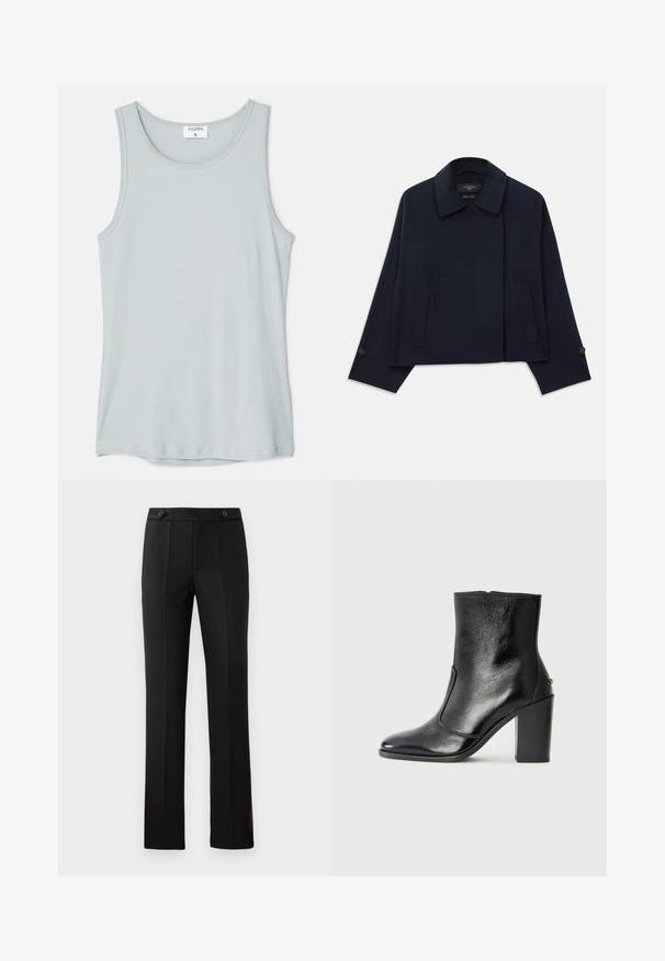 Jachetă dintr-un amestec de lână, de culoare bleumarin, cu guler tăiat, două buzunare frontale și mâneci cu nasturi. Prezintă o siluetă relaxată și scurtă.; Filippa K TANK - Top - thundersto; Pantaloni negri croiți, cu un croi drept, două buzunare frontale, închidere cu nasture și detalii cu pliuri în față. Textură de țesătură netedă.; Botină din piele neagră, cu o textură netedă, vârf ascuțit și toc gros, înalt. Dispune de o deschidere laterală și un design minimalist.