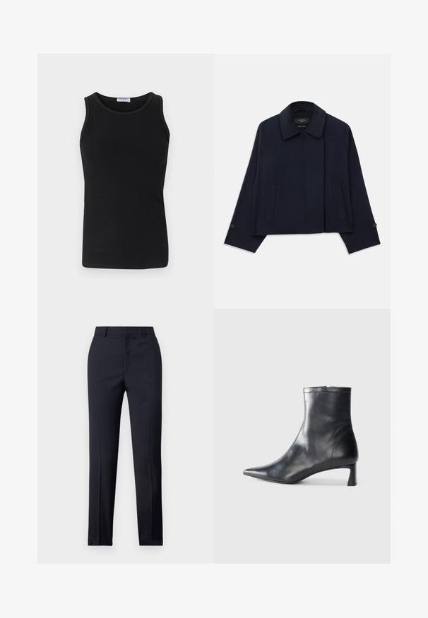 Navy blue wool blend jacket with a notched collar, two front pockets, and buttoned sleeves. Features a relaxed, cropped silhouette.; Black ribbed tank top with a round neckline and sleeveless design. Made from stretchable fabric, it features a fitted silhouette and clean edges.; Navy tailored trousers with a straight cut, featuring a smooth texture, two front pockets, and a clean waistband.; Black leather ankle boot with a pointed toe and a sleek design. Features a low heel and a zipper closure at the back. Smooth texture.