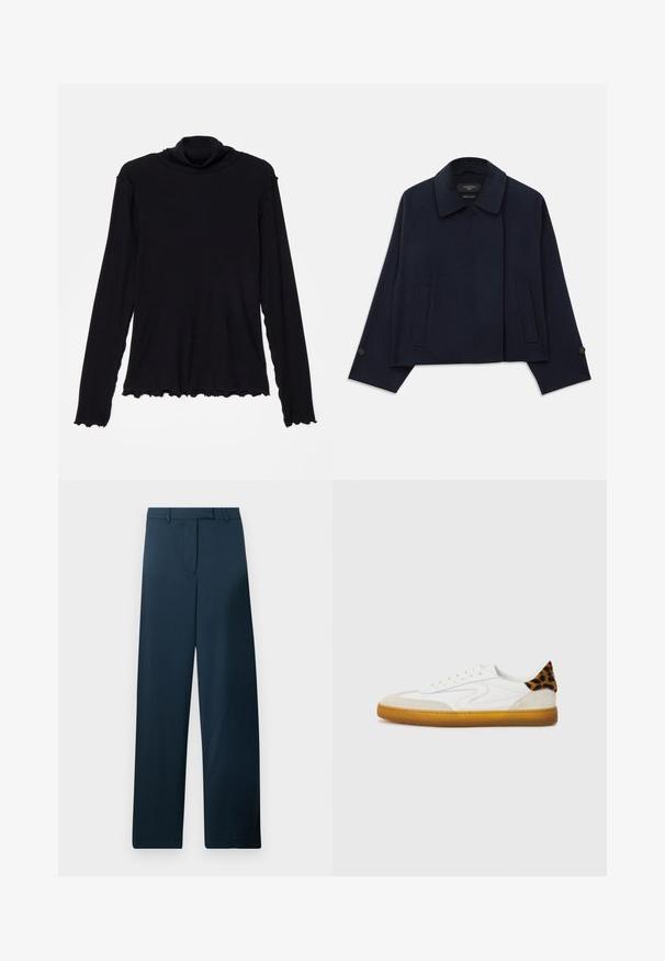 Jaket iz volnene mešanice v mornarsko modri barvi s kragnjo, dvema sprednjima žepoma in zapenjanjem na rokavih. Ima sproščen, krajši silhueto.; Rodebjer CISNE - Majica z dolgimi rokavi - black; Morskosinjene široke hlače z gladko teksturo, ravnim sprednjim delom in zankami za pas. Imajo minimalističen dizajn brez vidnih vzorcev ali dodatkov.; Beli copati z teksturirano usnjeno in semiš zgornjimi deli, ki imajo leopardji vzorec na peti in gumo podplat.