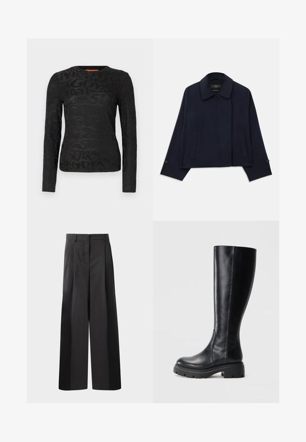 Ναυτικό μπλε σακάκι από μαλλί με γιακά σε σχήμα V, δύο μπροστινές τσέπες και μανίκια με κουμπιά. Διαθέτει χαλαρή, κοντή σιλουέτα.; Μαύρο μακρυμάνικο μπλουζάκι με υφή που διαθέτει επικαλυπτόμενα γράμματα. Το ύφασμα έχει λεία επιφάνεια και κλασικό λαιμόκοψη.; Μαύρο παντελόνι φαρδύ με ψηλή μέση, με κρόσσια μπροστά, ομαλή υφή και κομψό φινίρισμα. Σχεδιασμένο για άνετη εφαρμογή.; Μαύρες μπότες μέχρι το γόνατο από λείο δέρμα, με στρογγυλη μύτη και χοντρή λαστιχένια σόλα με σχέδια για πρόσφυση.
