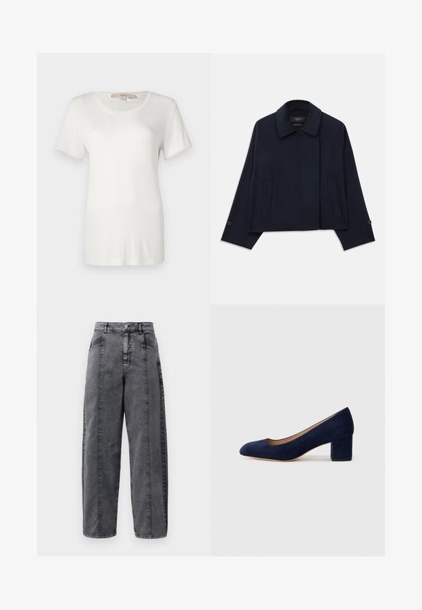 Marineblauwe wollen blazer met een geknipt kraag, twee voorzakken en knoopmanchetten. Heeft een relaxte, cropped pasvorm.; Witte t-shirt met korte mouwen, gemaakt van zachte, rekbare katoen. Heeft een ronde halslijn en een gladde, effen textuur zonder zichtbare patronen.; Hoge taille spijkerbroek in grijze wassing met voor- en zijzakken, knoopsluiting en zichtbare verticale naden.; Navy blauwe suède pump met een spitse neus en een blokhak van gemiddelde hoogte. Glad oppervlak met een subtiele glans en een kleine uitsparing aan de voorkant.