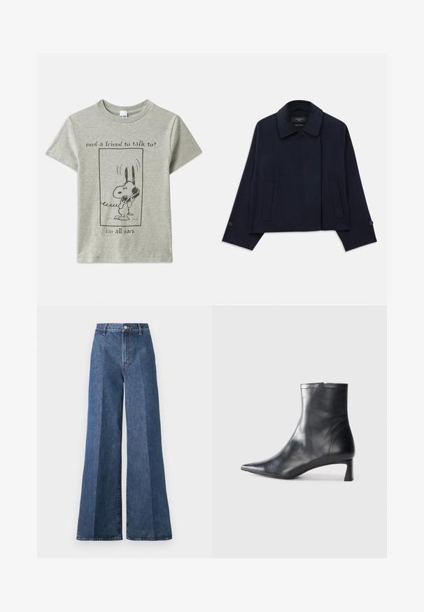 Navy blue wool blend jacket with a notched collar, two front pockets, and buttoned sleeves. Features a relaxed, cropped silhouette.; Gray cotton t-shirt featuring a cartoon dog holding a telephone, with text reading, "need a friend to talk to? I'm all ears."; Wide-leg blue denim jeans with a high waist, featuring classic five-pocket styling and a button closure, made from textured cotton fabric.; Black leather ankle boot with a pointed toe and a sleek design. Features a low heel and a zipper closure at the back. Smooth texture.