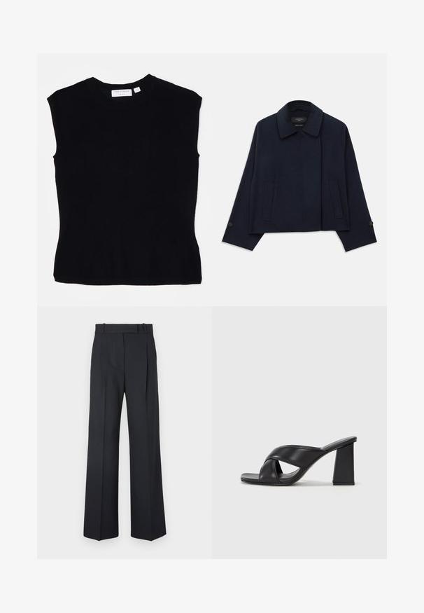 Tumši zila vilnas maisījuma jaka ar izgrieztu apkakli, divām priekšējām kabatām un pogājamām piedurknēm. Iespējota brīva, īsā silueta.; Melnā bezpiedurkņu blūze, izgatavota no dzijas auduma, ar apaļu kakla izgriezumu un pieguļošu siluetu ar gludu faktūru. Etiķete aizmugurē.; Tumši zili svītraini bikses ar augstu jostu, platu kāju dizainu un bez redzamiem aksesuāriem vai rotājumiem. Gluda tekstūra un pielāgota forma.; MAX&Co. SOHO - Augstpapēžu sandales - schwarz