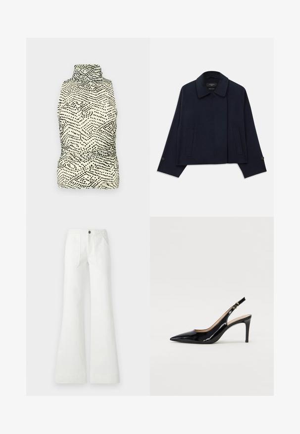 Jakna od vune tamnoplave boje sa ovratnikom, dva prednja džepa i rukavima sa dugmadima. Ima opušteni, skraćeni kroj.; Prsluk bez rukava prilagođenog kroja s visokim izrezom, s kremastom podlogom i crnim točkastim valovitim uzorkom; izrađen od glatkog, rastezljivog materijala.; Bijele široke hlače od tkanog materijala, s pletenim pojasom, dva prednja džepa i glatkom teksturom. Zatvorene su crnim dugmetom.; Crne lakirane slingback cipele s oštrim vrhom, uskim potpeticama i suptilnim izrezom. Sadrže zlatnu kopču na traku.