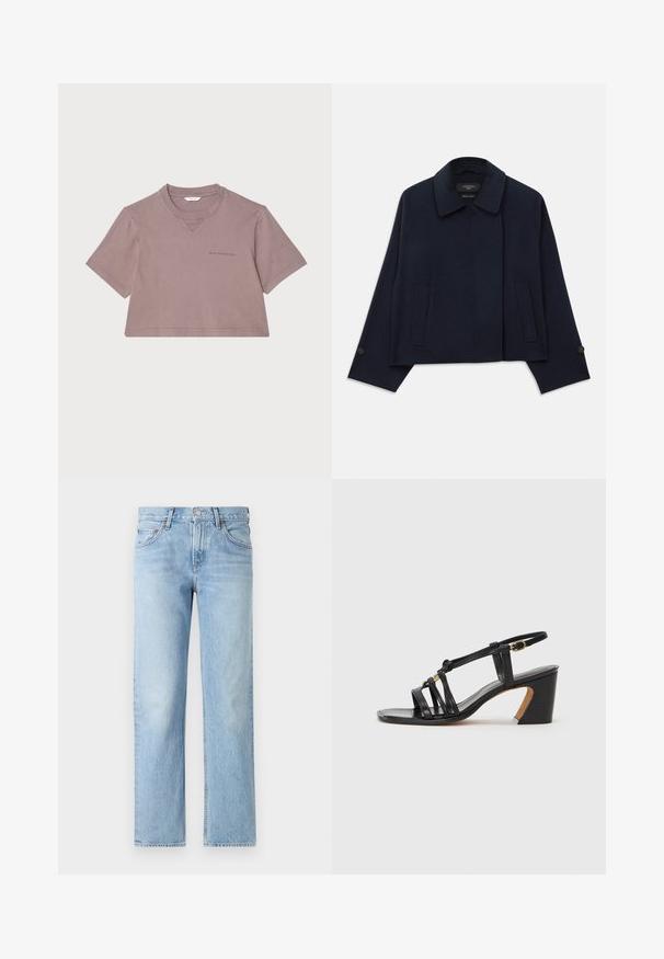 Granatowa kurtka z wełny z klapami, z dwiema przednimi kieszeniami i zapinanymi rękawami. Charakteryzuje się luźnym, skróconym krojem.; Przycięta koszulka w zgaszonym mauve, wykonana z miękkiego materiału. Posiada okrągły dekolt, krótkie rękawy oraz subtelne logo nadrukowane z przodu.; Jasnoniebieskie dżinsy z prostym krojem, pięcioma kieszeniami, zapięciem na guziki i zamek oraz lekko wyblakłym wykończeniem.; Paul Smith AMIRA czarny