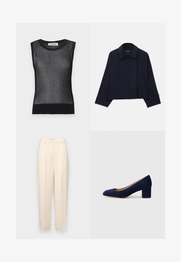 Navy blue wool blend jacket with a notched collar, two front pockets, and buttoned sleeves. Features a relaxed, cropped silhouette.; Black sleeveless knit top featuring vertical stripes with a semi-sheer texture. Constructed from soft, stretchy material for a fitted silhouette.; Beige tailored trousers with a straight fit, featuring pleats at the front, a smooth texture, and a mid-rise waist. No visible pockets.; Navy blue suede pump with a pointed toe and a mid-height block heel. Smooth texture with a subtle sheen and a small cutout at the front.