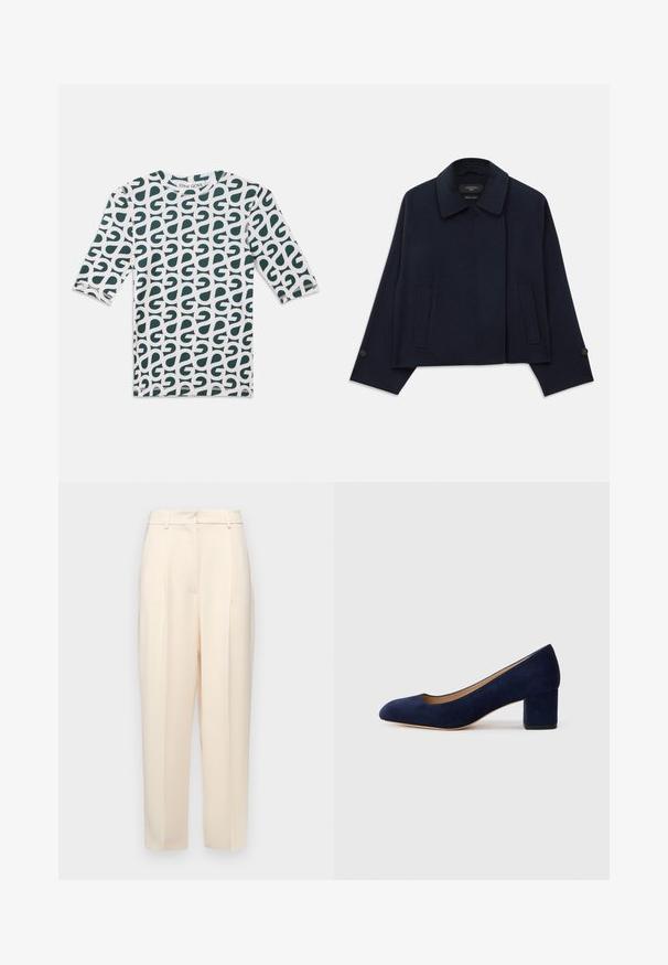 Jachetă dintr-un amestec de lână, de culoare bleumarin, cu guler tăiat, două buzunare frontale și mâneci cu nasturi. Prezintă o siluetă relaxată și scurtă.; Tricou cu mânecă trei sferturi, de culoare albă, cu un model abstract verde. Guler rotund, material din bumbac și tivurile cusute.; Pantaloni bej, ajustați, cu o croială dreaptă, dotati cu pliuri în față, o textură netedă și o talie medie. Fără buzunare vizibile.; Pantof cu toc din suede bleumarin, cu vârful ascuțit și un toc de înălțime medie în formă de bloc. Textură netedă cu o strălucire subtilă și o mică decupare în față.