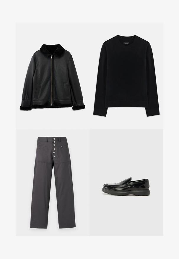 Giacca in pelle nera con colletto in morbido pellicciotto, polsini e orlo, dotata di zip frontale e due tasche a fessura.; Maglione nero in morbido tessuto, con scollo rotondo, maniche lunghe, vestibilità rilassata e orlo a coste. Design semplice e uniforme, senza motivi.; Pantaloni larghi grigi realizzati in tessuto leggero, con chiusura a bottone a cinque bottoni metallici e due tasche frontali.; Mocassino in pelle nera con finitura lucida, punta arrotondata, dettagli di cucitura sottili e suola in gomma spessa per una maggiore durata.