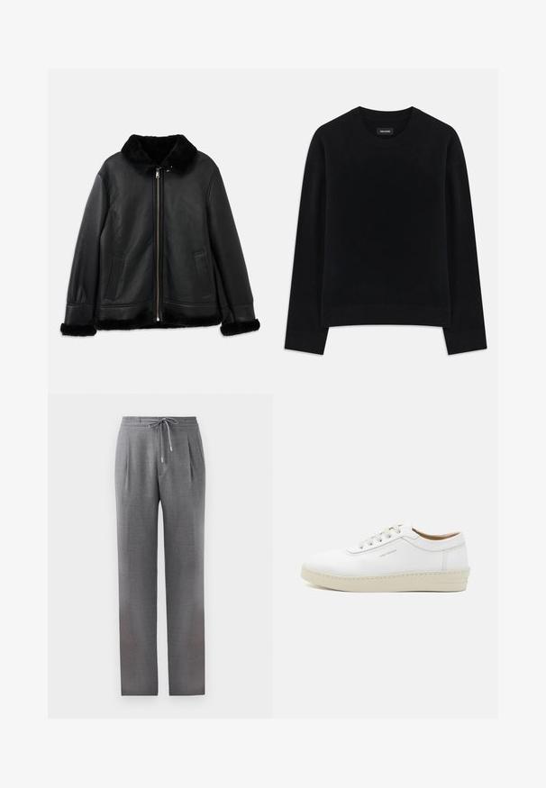 Juodas odinis švarkas su minkštu kailiniu apykakle, rankogaliais ir apatine dalimi, turintis priekį užtrauktuką ir dvi kišenes.; Juodas megztinis, pagamintas iš minkštos medžiagos, turi apvalų iškirpimą, ilgas rankoves, laisvą siluetą ir džinsinę apykaklę. Paprastas, vientisas dizainas be raštų.; Pilki pritaikyti kelnes su raištelių juosmeniu, klostėmis ir tiesiomis kojomis. Medžiagos tekstūra yra lygi, su subtiliu raštuotu paviršiumi.; Balti odiniai sportbačiai su tekstūriniu paviršiumi, apvaliu kojų pirštu, smėlio spalvos guma ir šešiomis pilkomis raištelių akytėmis, su subtiliu ženklinimu šone.