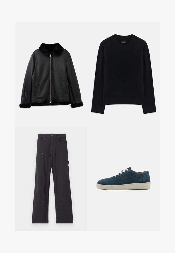 Black leather jacket with soft fur collar, cuffs, and hem, featuring a front zipper and two slit pockets.; Black sweater made of soft fabric, featuring a crew neck, long sleeves, relaxed fit, and ribbed hem. Simple, solid design with no patterns.; Black cargo pants made from durable fabric with a straight leg design, featuring front pockets, snap buttons, and side utility pockets.; Blue suede sneaker with a rounded toe, white laces, and a rubber sole. Features subtle stitching and a branded accent on the side.