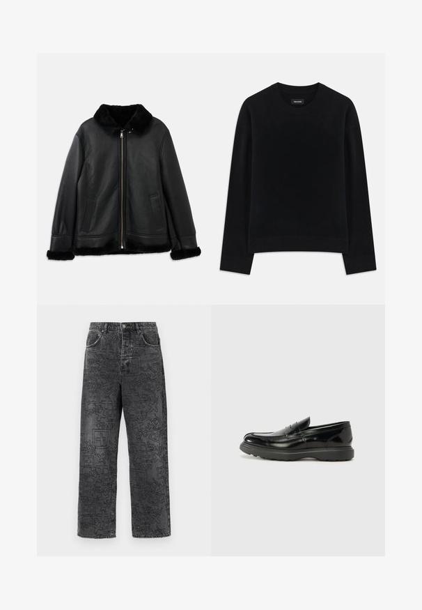 Must musta mantel pehmea karusnaha krae, otsmikuosade ja hemiga, ees luku ja kahe lõhiku taskuga.; Must have pehmeast kangast kampsun, mis on musta värvi, ümar kaelus, pikad varrukad, lõdva istuvusega ja soonikkoes ääristusega. Lihtne, ühtlane disain ilma mustriteta.; Mustad denimit püksid, millel on mugav lõige ja nähtavad graafilised mustrid. Omaduste hulka kuuluvad nupuvajutusega sulgur, vöökohad ja esi-taskud.; Must musta nahk loafer läikiva viimistlusega, ümar varvas, delikaatsed õmblusdetailid ja paks kummist tallad vastupidavuse tagamiseks.