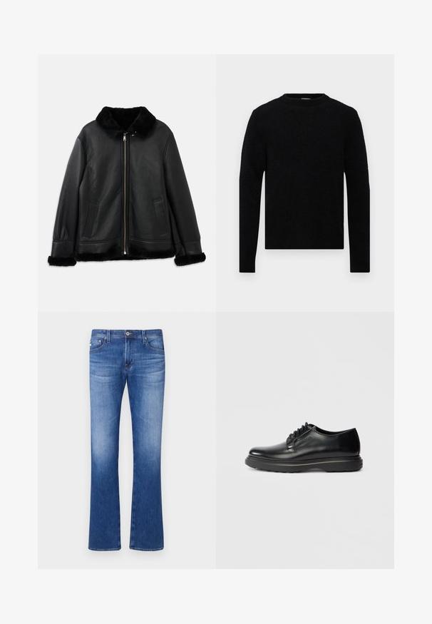 Juodas odinis švarkas su minkštu kailiniu apykakle, rankogaliais ir apatine dalimi, turintis priekį užtrauktuką ir dvi kišenes.; Filippa K SWEATER - Džemperis - black; Faded blue džinsai su platėjančiomis kojomis, turintys penkis kišenes, užtrauktuką ir metalinį mygtuką. Lygus paviršius ir švarus apdailos kraštas.; Juodas odinis batų modelis Oxford su storu padu ir įspaudu "WATERMAN" šone, pavaizduotas profiliu ant šviesiai pilko fono.