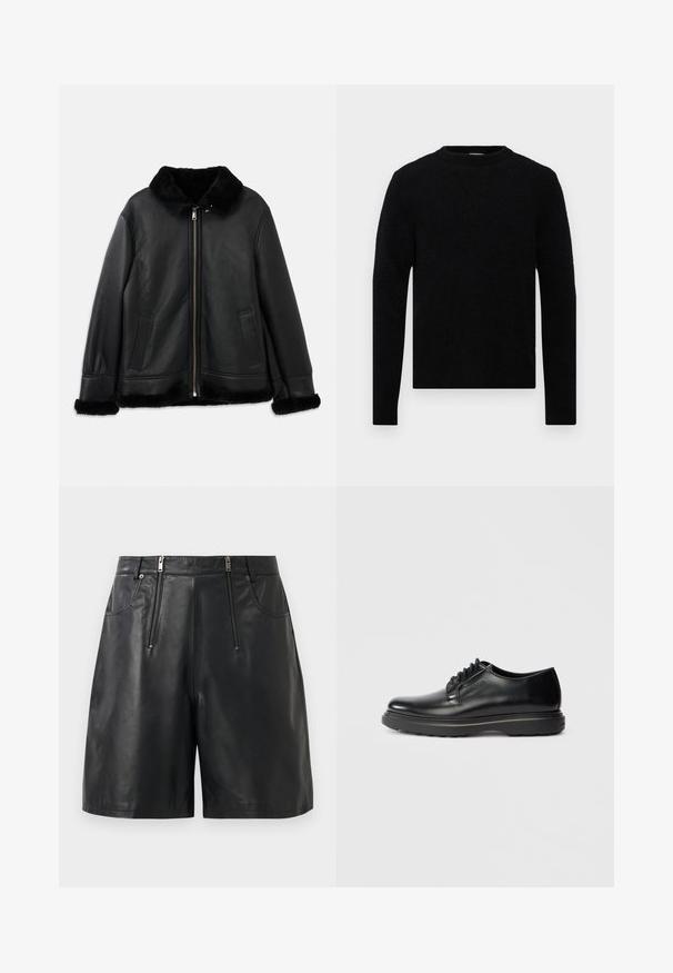Giacca in pelle nera con colletto in morbido pellicciotto, polsini e orlo, dotata di zip frontale e due tasche a fessura.; Filippa K SWEATER - Maglione - black; Pantaloni corti neri in pelle sintetica con due tasche verticali con zip frontali e passanti per la cintura, mostrati su uno sfondo bianco.; Scarpa Oxford in pelle nera con lacci e suola spessa, con "WATERMAN" impresso sul lato, mostrata di profilo su uno sfondo grigio chiaro.
