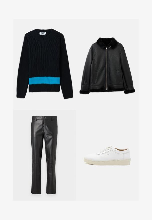Zwarte leren jack met een zachte bontkraag, -manchetten en -zoom, voorzien van een rits aan de voorkant en twee schuine zakken.; Zwarte gewatteerde trui met ribbelstructuur, voorzien van een horizontale turquoise streep aan de onderkant. Klassieke ronde halslijn en lange mouwen.; Zwarte leren broeken met een gladde textuur, recht model en subtiele stiksel langs de naden. Voorzien van een knoopsluiting in de taille.; Witte leren sneaker met een gestructureerde afwerking, ronde neus, beige rubberen zool en zes grijze vetersleuven, met onopvallende branding aan de zijkant.