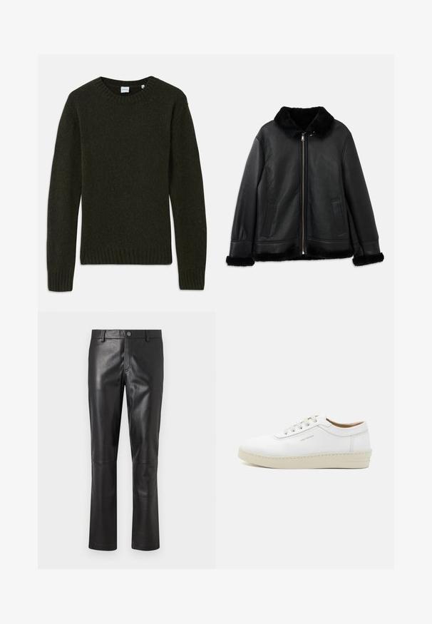 Fekete bőr dzseki puha szőrmével a galléron, az ujjakon és az alján, elöl cipzárral és két függőleges zsebbel.; Sötétzöld kötött pulóver kerek nyakkal, bordás mandzsettákkal és szegéllyel. Puha textúra, hosszú ujjú és egyszerű mintázat nélküli design.; Fekete bőrnadrág sima textúrával, egyenes lábformával és diszkrét varrással a varratok mentén. A deréknál gombos záródással rendelkezik.; Fehér bőr sportcipő textúrázott felülettel, kerek orral, bézs gumitalppal és hat szürke fűzőlyukkal, melyen diszkrét logó található az oldalon.