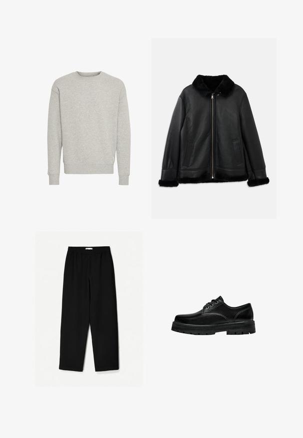 Črna usnjena jakna z mehkim krznom na ovratniku, manšetah in robu, z zadrgo spredaj in dvema žeprakoma.; Siv sweatshirt iz mehkega bombažnega mešanice, z okroglim izrezom in rebrastimi manšetami. Preprost dizajn brez vzorcev ali naglasov.; Črne široke hlače iz lahkotnega materiala. Imajo elastičen pas in gladko teksturo. Brez vidnih vzorcev ali dodatkov.; Črne usnjene vezalne čevlje z zaobljenim nosom, teksturirano površino in debelim gumijastim podplatom z globokimi utori za oprijem.