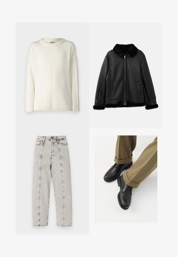 Schwarze Lederjacke mit weichem Pelzkragen, -manschetten und -saum, ausgestattet mit einem Frontreißverschluss und zwei Schlitztaschen.; Denim Project COMBINED - Strickpullover - off white; Graue hochtaillierte Jeans mit lockerer Passform, im gerade geschnittenen Design, sichtbaren Nähten und einem destroyierten Look.; Schwarze Lederschuhe mit glatter Oberfläche, versehen mit Schnürsenkeln und einer runden Zehenpartie, kombiniert mit hochgekrempelten khakifarbenen Hosen.
