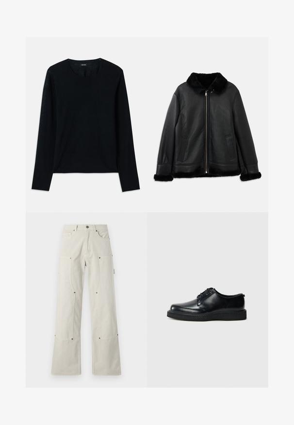 Black leather jacket with soft fur collar, cuffs, and hem, featuring a front zipper and two slit pockets.; Black long-sleeve knit top with a crew neckline. Soft texture, relaxed fit, no visible patterns or accents.; Wide-leg, light beige trousers made of cotton with a smooth texture, featuring patch pockets and metal hardware accents.; Black leather lace-up shoes with a rounded toe, smooth finish, and textured black rubber sole. Minimalistic design with no visible patterns.