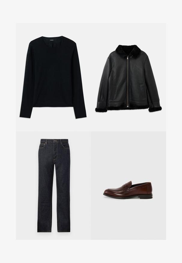 Zwarte leren jack met een zachte bontkraag, -manchetten en -zoom, voorzien van een rits aan de voorkant en twee schuine zakken.; Zwarte lange mouwen gebreide top met een ronde hals. Zachte textuur, relaxte pasvorm, geen zichtbare patronen of accenten.; Donkerdenim jeans met een recht pasvorm, contrasterende gele stiksels, vijf-pocket ontwerp en een knoopsluiting aan de voorkant.; Bruine leren instappers met een ronde neus, een detail met een bandje aan de voorkant en een lage gestapelde hak. Glad textuur met minimale decoratieve accenten.