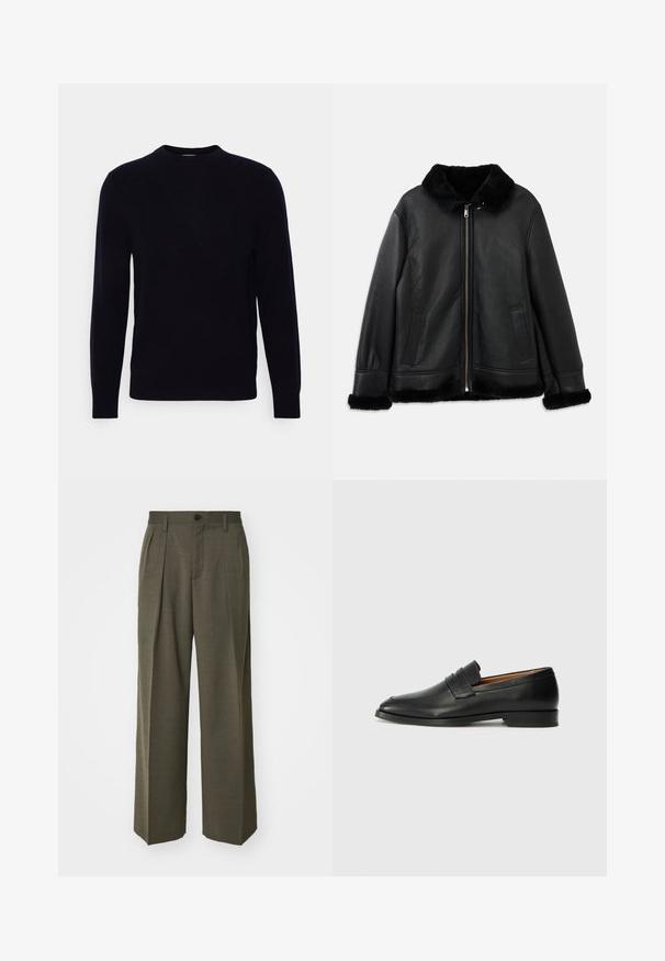 Fekete bőr dzseki puha szőrmével a galléron, az ujjakon és az alján, elöl cipzárral és két függőleges zsebbel.; Sötét navy kereknyakú pulóver hosszú ujjú, puha anyagból készült. Simább textúrájú és klasszikus fazonú, látható minták vagy díszítések nélkül.; Filippa K WIDE TROUSERS - Nadrágok - driftwood; Fekete bőr mokaszin, kerek orral, diszkrét varrásokkal és alacsony sarokkal, sima felülettel és minimalista dizájnnal.