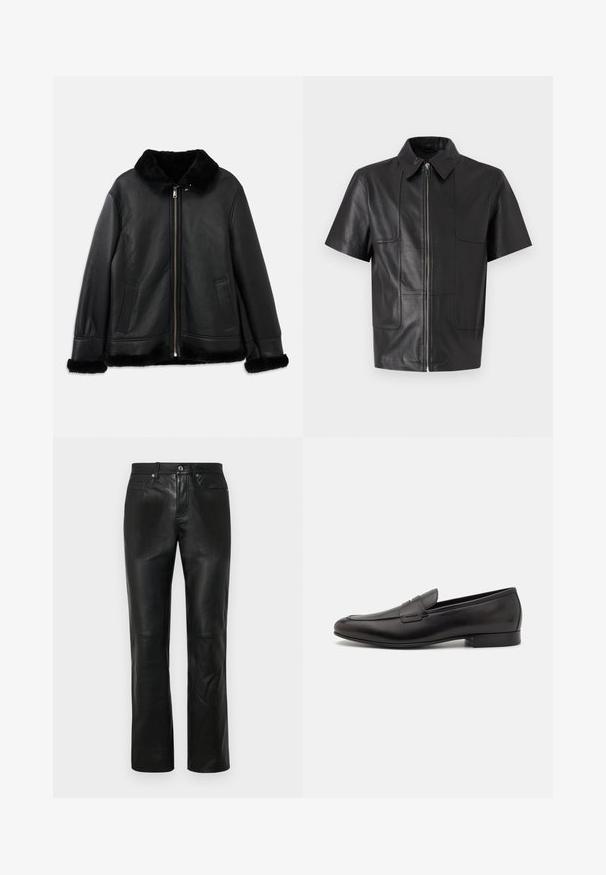 Musta nahkatakki, jossa on pehmeä turkiskaulus, hihansuut ja helma, edessä vetoketju ja kaksi viilto-taskua.; Musta nahkainen lyhythihainen takki, jossa on kauluksen muotoinen kaulus, etuvetoketju ja kaksi rintataskua. Takissa on sileä pinta ja jämäkkä muotoilu.; Musta nahkahousut suoran lahkeiden muotoilulla, joissa on nappisulku, neljä taskua ja sileä pinta. Vahvistetut ompelupinnat näkyvät.; Musta nahkakengät, joissa on tyylikäs muotoilu, pyöreä nenä ja matala pino korko. Ylhäällä koristeellinen ompelutaito.