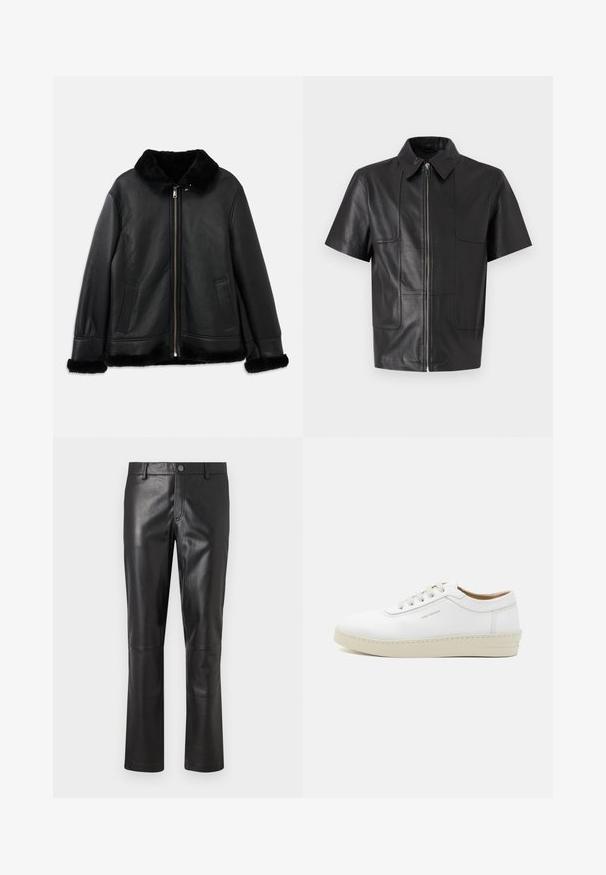 Musta nahkatakki, jossa on pehmeä turkiskaulus, hihansuut ja helma, edessä vetoketju ja kaksi viilto-taskua.; Musta nahkainen lyhythihainen takki, jossa on kauluksen muotoinen kaulus, etuvetoketju ja kaksi rintataskua. Takissa on sileä pinta ja jämäkkä muotoilu.; Musta nahkahousut, joissa on sileä tekstuuri, suorat lahkeet ja huomaamaton ommel saumoissa. Vyötäröllä on nappikiinnitys.; Valkoiset nahkakengät, joissa on teksturoitu pinta, pyöreä kärki, beigen värinen kumipohja ja kuusi harmaata nauhakujaa, joissa on huomaamaton brändäys sivussa.