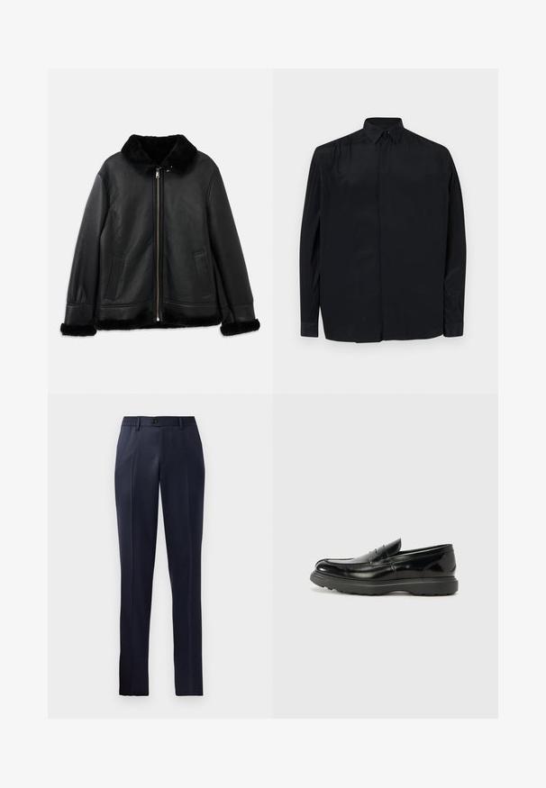 Musta nahkatakki, jossa on pehmeä turkiskaulus, hihansuut ja helma, edessä vetoketju ja kaksi viilto-taskua.; Musta pitkähihaine paita, joka on valmistettu sileästä kankaasta. Siinä on klassinen kaulus, nappilista ja rento istuvuus, jossa on kynsikkäät hihat.; Tummansiniset housut suoranlahkeisella muotoilulla, joustavalla vyötärönauhalla, litteällä edessä ja yhdellä napilla suljettava. Sileä kankaan pinta.; Mustat nahkakengät, joissa on kiiltävä pinta, pyöreä kärki, huomaamaton ompelu ja paksu kumipohja kestävyyttä varten.