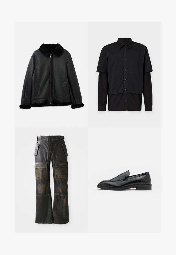 Fekete bőr dzseki puha szőrmével a galléron, az ujjakon és az alján, elöl cipzárral és két függőleges zsebbel.; Fekete gombos ing, rétegezett rövid és hosszú ujjakkal. Pamutból készült, klasszikus gallérral és diszkrét logó részlettel a vállán.; Fekete bőr cargo nadrág, elhasználódott textúrával, nagy oldalzsebekkel, magas derekkal és kontrasztos varrásokkal az illesztéseknél.; Fekete bőrcipók sima felülettel, kerek orral és keskeny sávval a felsőrészen. Alacsony, rétegelt sarkú.