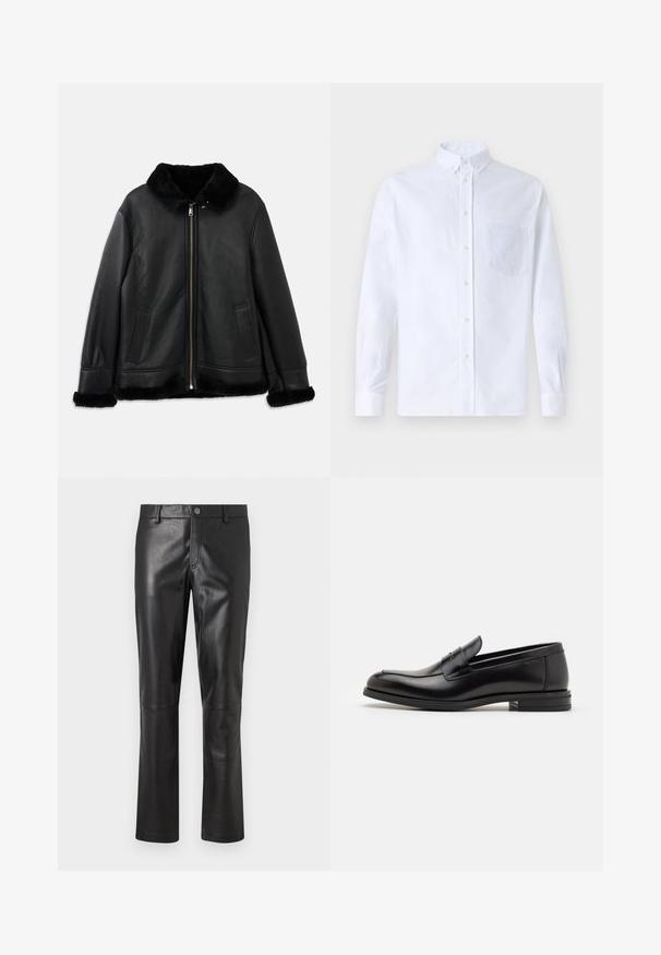 Juodas odinis švarkas su minkštu kailiniu apykakle, rankogaliais ir apatine dalimi, turintis priekį užtrauktuką ir dvi kišenes.; Balta ilga rankovė mygtukų marškiniai, pagaminti iš medvilnės, su krūtine kišene ir toniniu siuvinėjimu, apykakle ir mygtukų apvadu.; Juodos odinės kelnės, turinčios lygią tekstūrą, tiesių kojų kirpimą ir subtilią siuvimo liniją palei siūles. Savybėje yra mygtuko užtrauktukas juosmens srityje.; Juodos odinės loafers, turinčios lygų paviršių, apvalią noselę ir dekoratyvinę juostą per priekinę dalį. Žemas krentantis kulnas, minimalistinis dizainas.