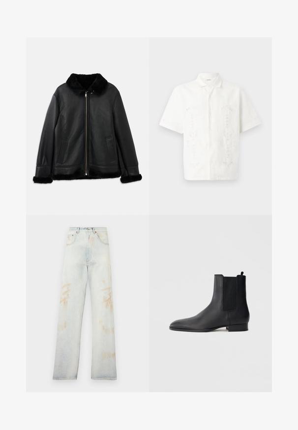 Casaco de cabedal preto com colarinho de pelúcia suave, punhos e bainha, apresentando um fecho éclair frontal e dois bolsos laterais.; Camisa branca de manga curta, feita de tecido leve, com intrincados bordados florais em vários padrões, com colarinho clássico e fecho de botão.; Jeans de denim de cor azul clara com cintura alta, pernas largas e pequenas áreas desbotadas. Apresenta um design tradicional de cinco bolsos e metais.; Bota Chelsea preta em couro com painéis laterais elásticos e salto baixo empilhado, apresentada em perfil sobre um fundo claro e simples.