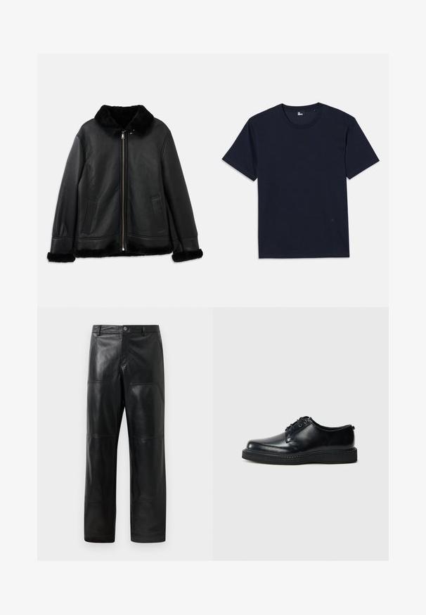 Musta nahkatakki, jossa on pehmeä turkiskaulus, hihansuut ja helma, edessä vetoketju ja kaksi viilto-taskua.; Laivansinisestä puuvillasta valmistettu t-paita, jossa on lyhyet hihat, pyöreä kaula-aukko ja minimaliset ompeluyksityiskohdat. Yksinkertainen muotoilu ilman näkyviä kuvioita tai korostuksia.; Musta nahkahousut suoranlahkeisella muotoilulla, joissa on näkyviä ompeluyksityiskohtia, sivutaskuja ja klassinen vyötärö, jossa on nappisuljenta.; Musta nahkainen nyörillinen kenkä, jossa pyöreä kärki, sileä pinta ja musta kumipohja, jossa on kuvioitu pinta. Minimalistinen muotoilu ilman näkyviä kuvioita.